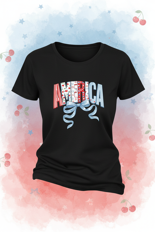 America bow black t-shirt mockup on soft patriotic watercolor background