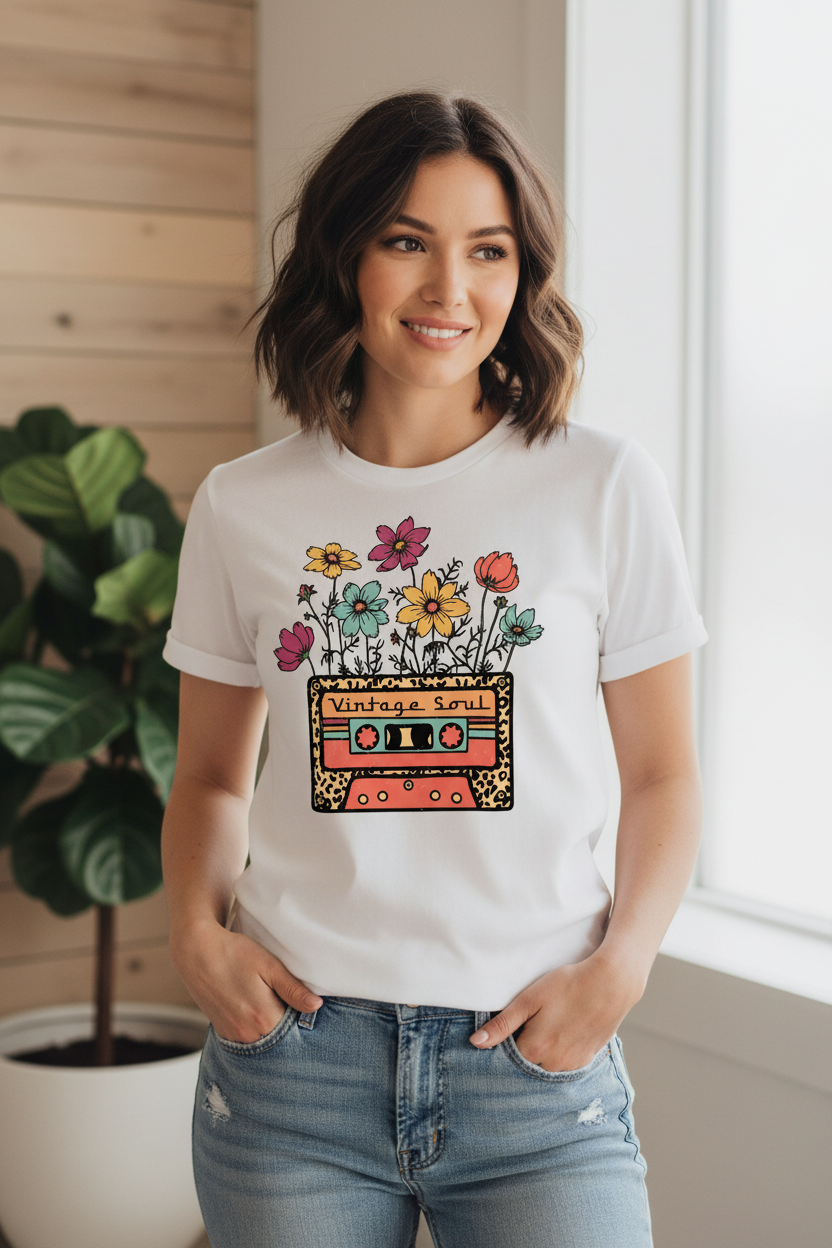 Vintage Soul tee worn on white shirt