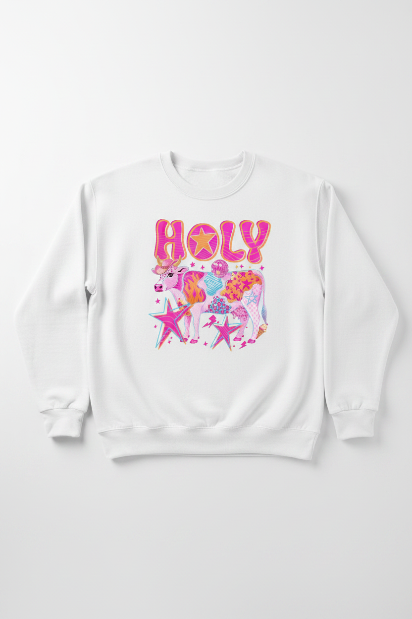Women's white Holy Cow crewneck sweatshirt flat lay