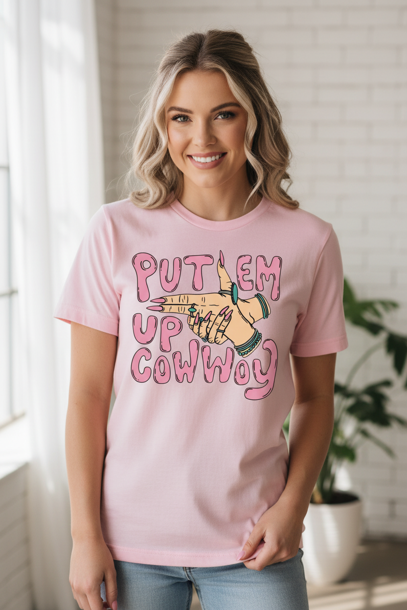 Put Em Up Cowboy tee worn on pink shirt