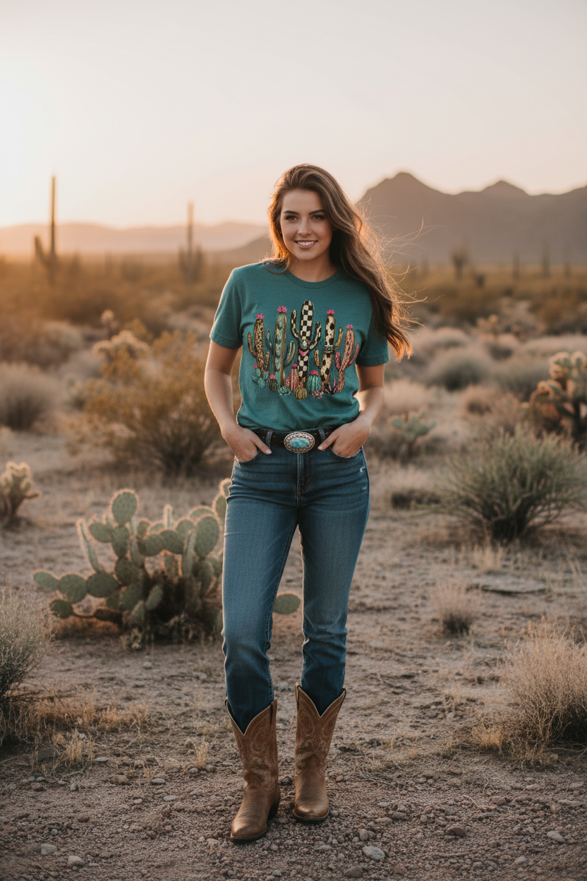 Western cacti tee lifestyle - teal