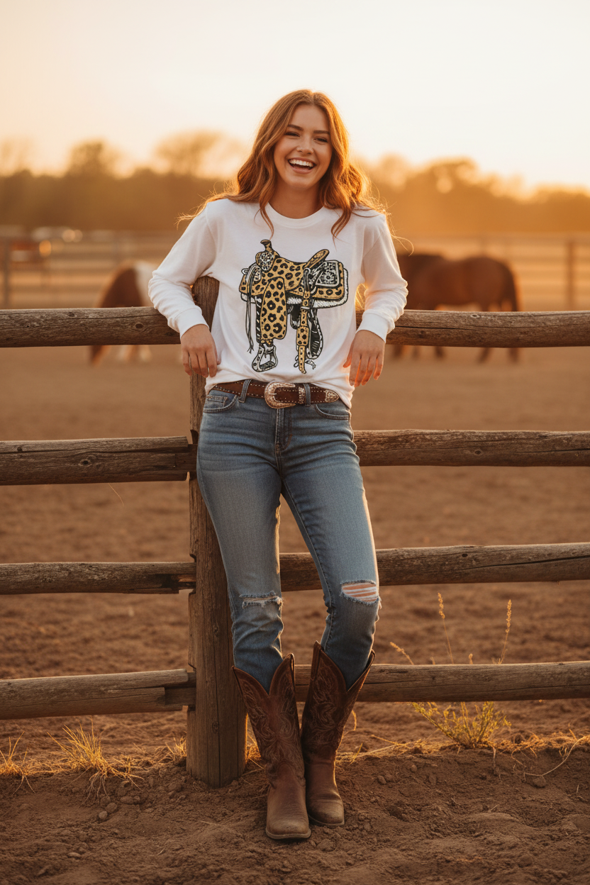 Western saddle long sleeve lifestyle - white