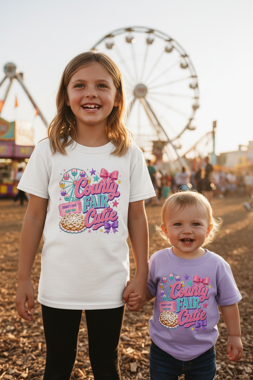 Youth and toddler girls wearing County Fair Cutie tees at the fair