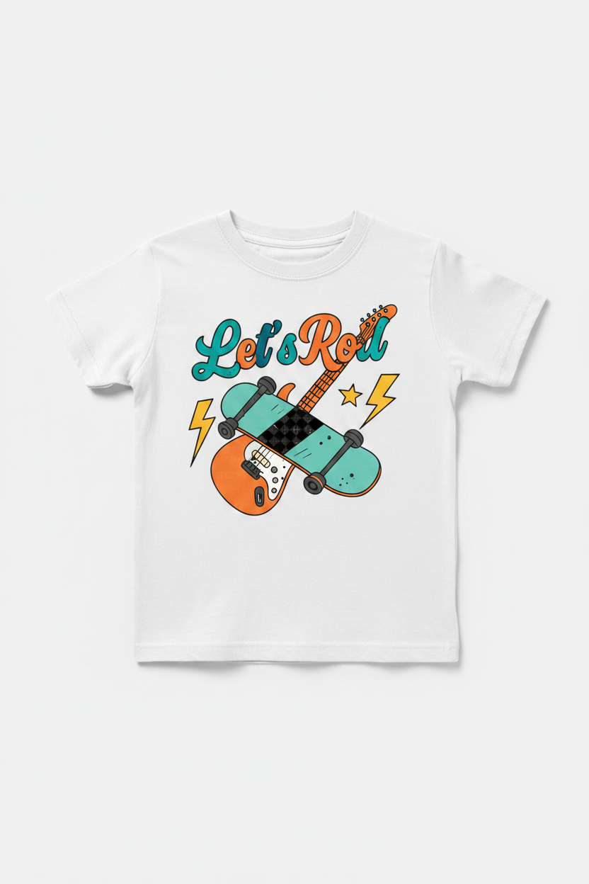 Youth white Let's Roll tee flat lay