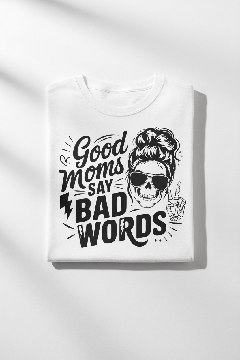 Good Moms Say Bad Words tee folded white shirt flat lay