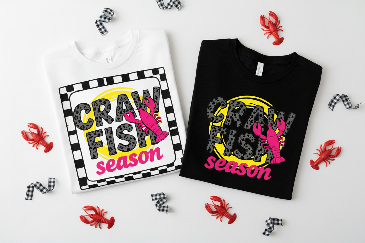 Crawfish Season long sleeve tees folded flat lay white and black