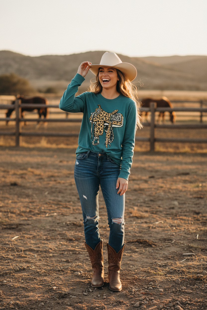 Western saddle long sleeve lifestyle - teal