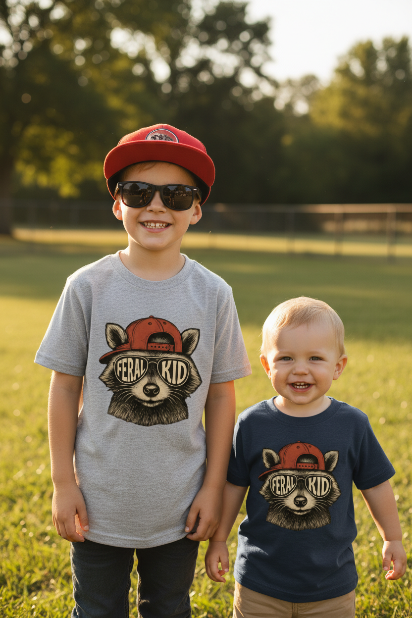 Youth and toddler boys wearing matching Feral Kid raccoon tees