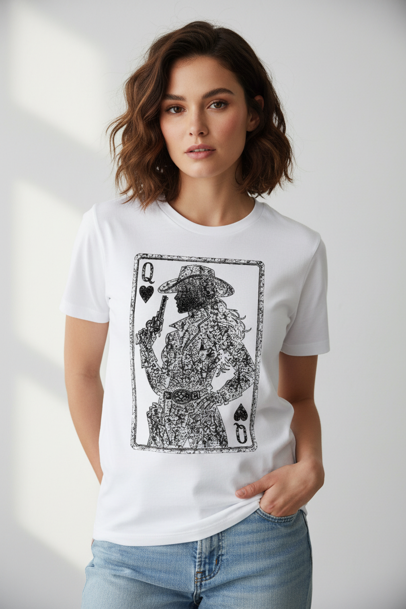 Queen Cowgirl tee worn on white shirt