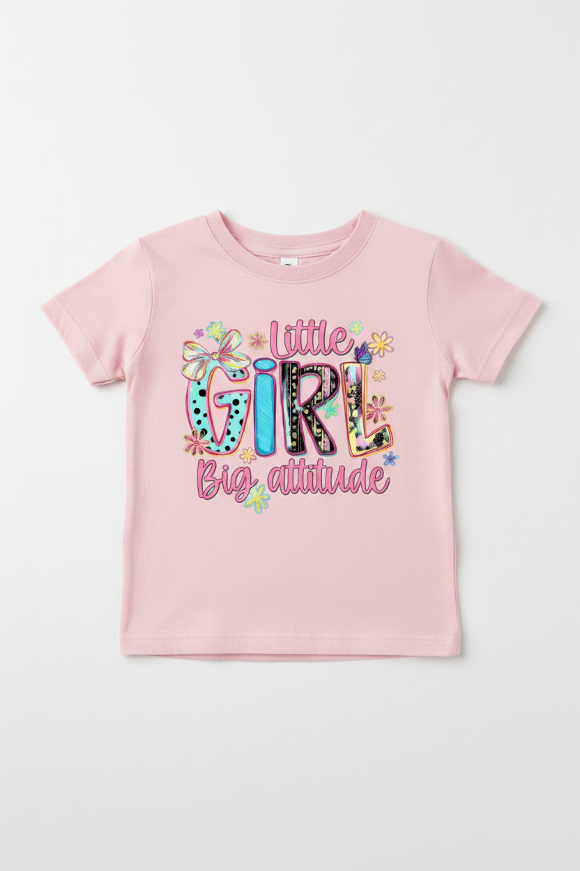 Toddler light pink Little Girl Big Attitude tee flat lay