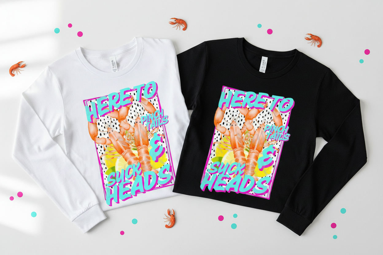 Here to Pinch Tails long sleeve tees folded flat lay white and black