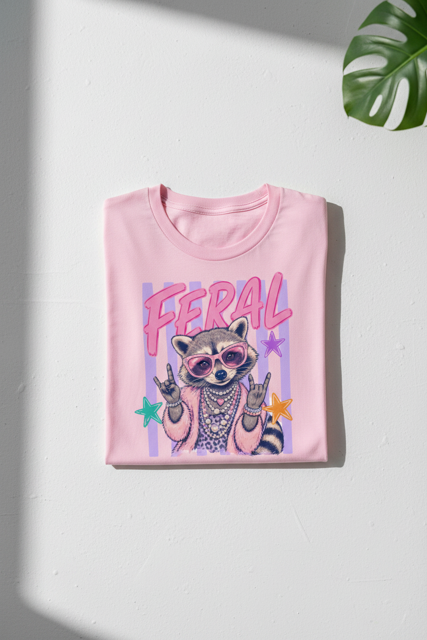Feral tee folded pink shirt flat lay