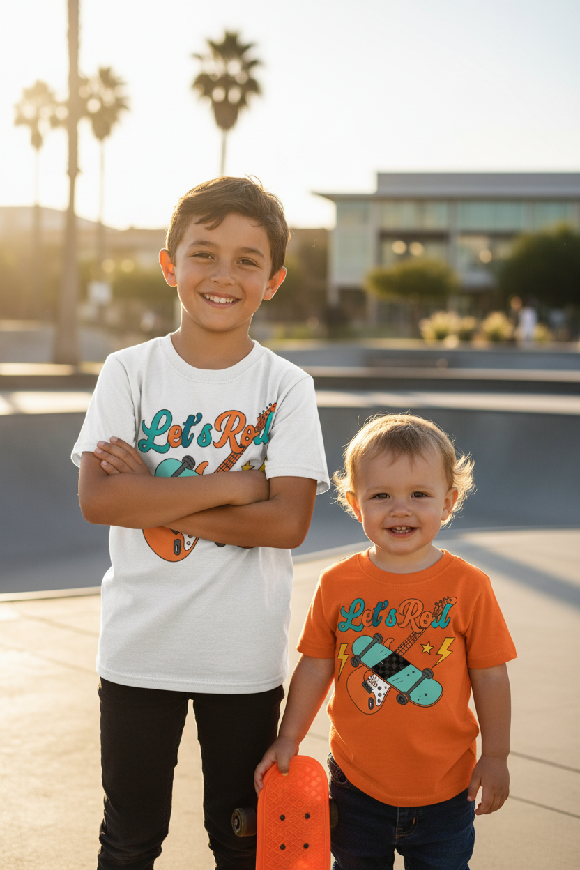 Youth and toddler boys wearing matching Let's Roll skateboard guitar tees
