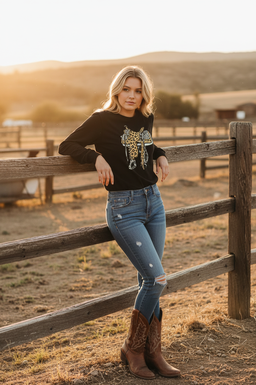 Western saddle long sleeve lifestyle - black