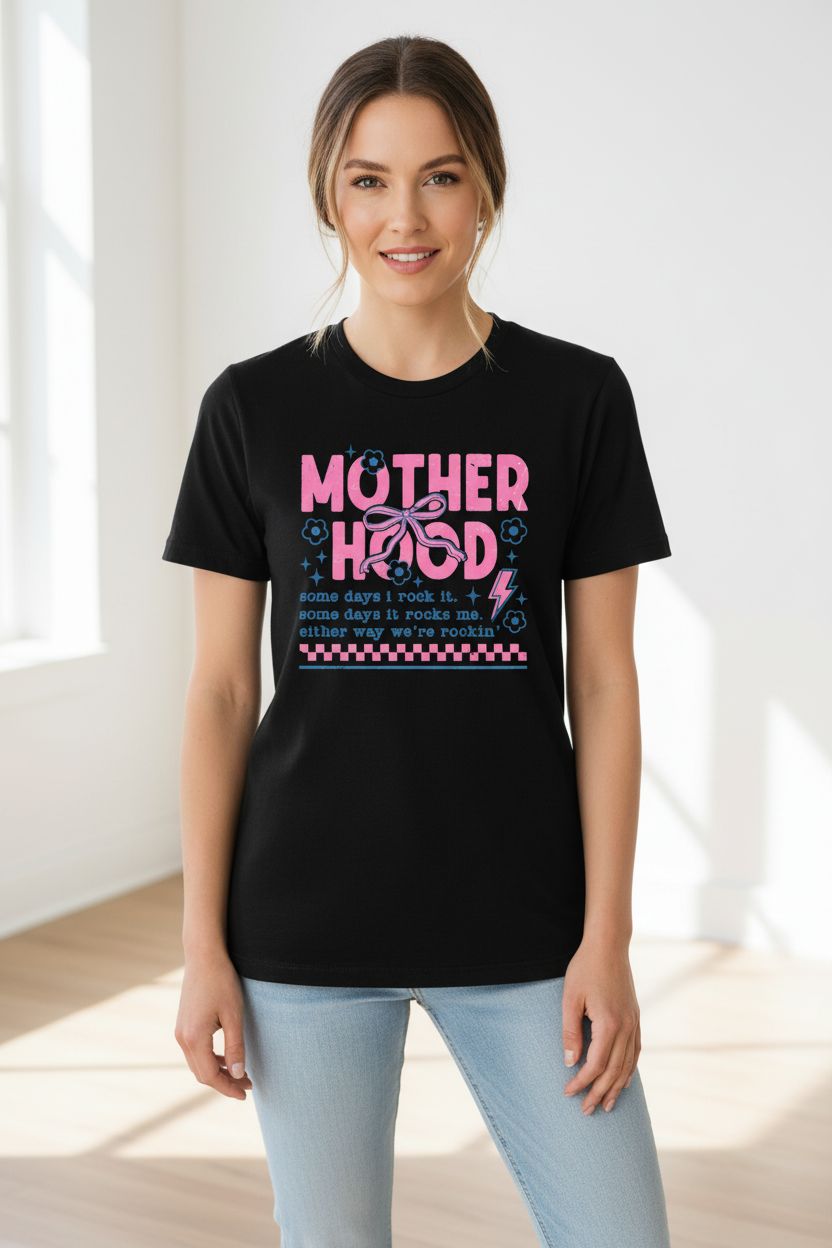 Motherhood tee on black shirt worn