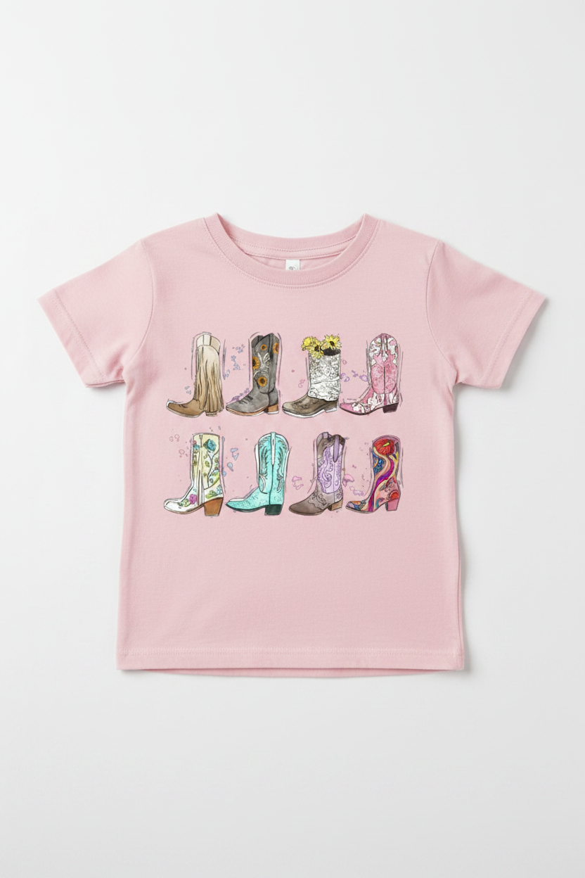 Toddler light pink cowboy boots tee flat lay