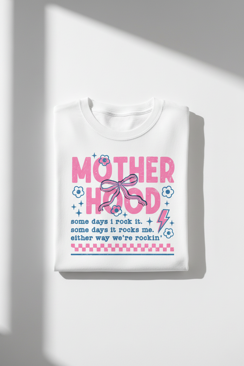 Motherhood tee white shirt folded flat lay