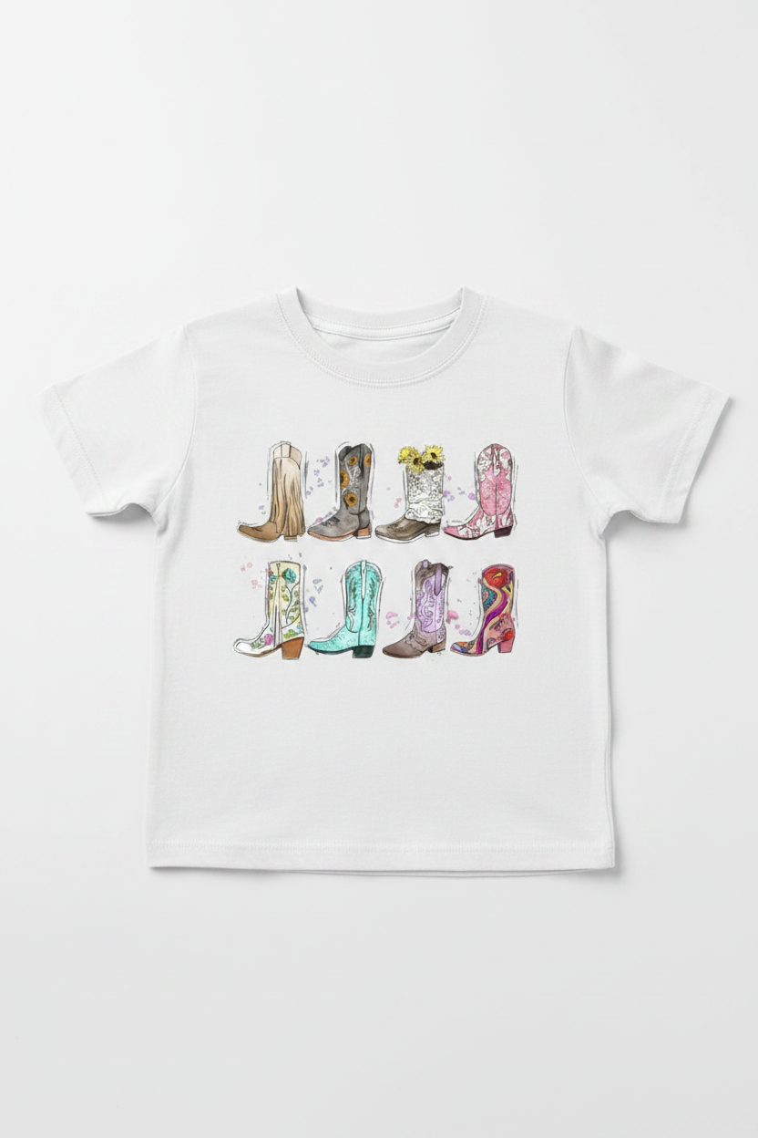 Youth white cowboy boots tee flat lay