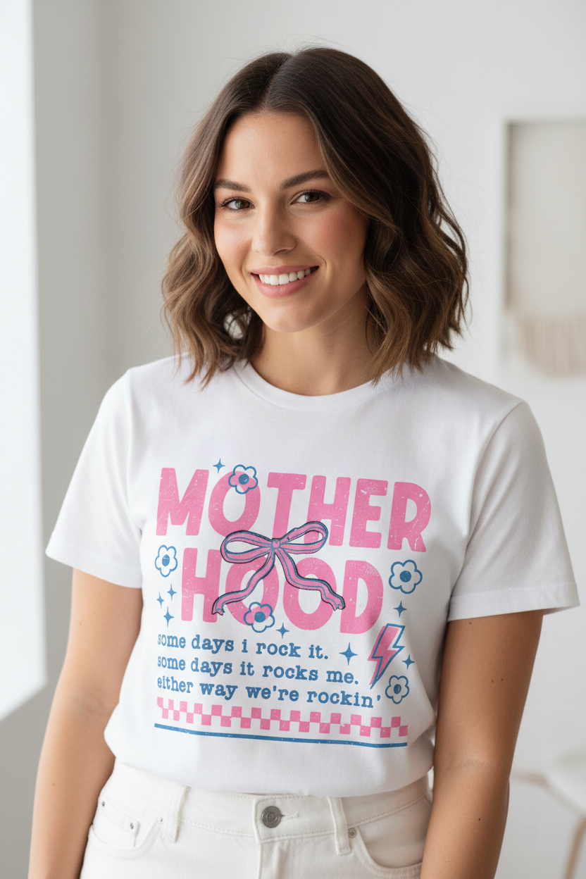 Motherhood tee on white shirt worn