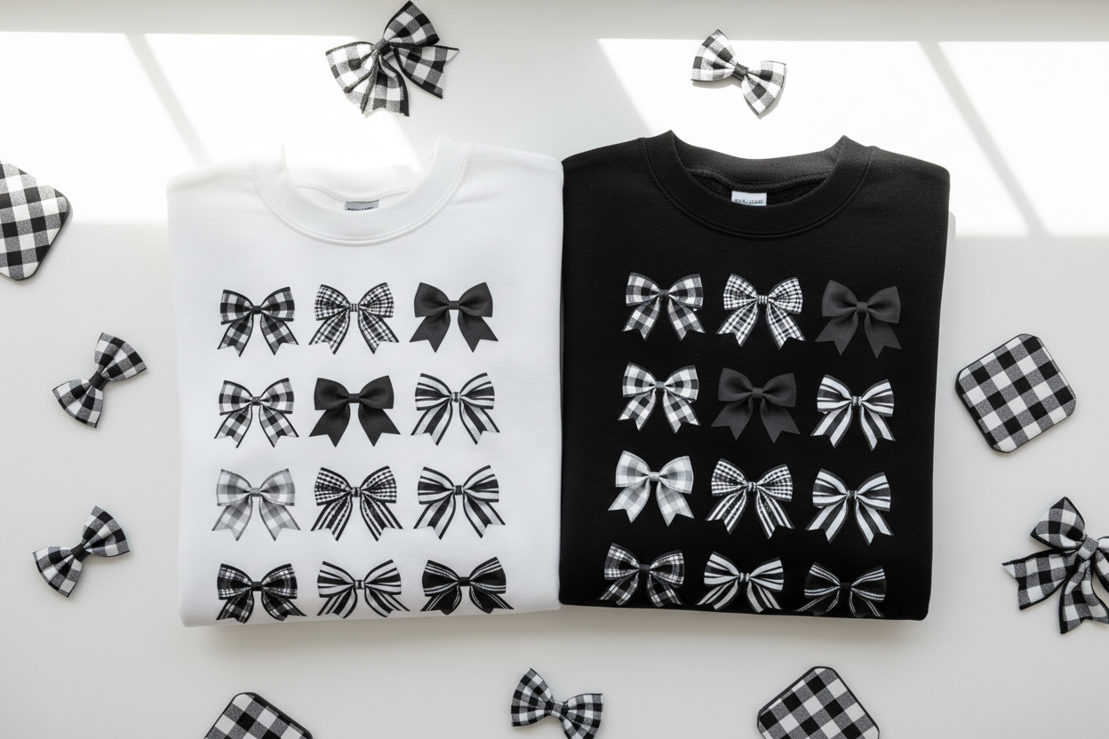Checkered Bows sweatshirts folded flat lay white and black