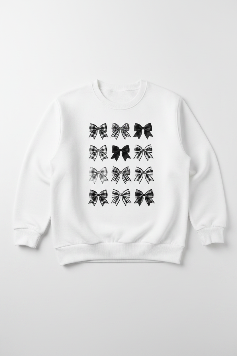 Women's white Checkered Bows crewneck sweatshirt flat lay