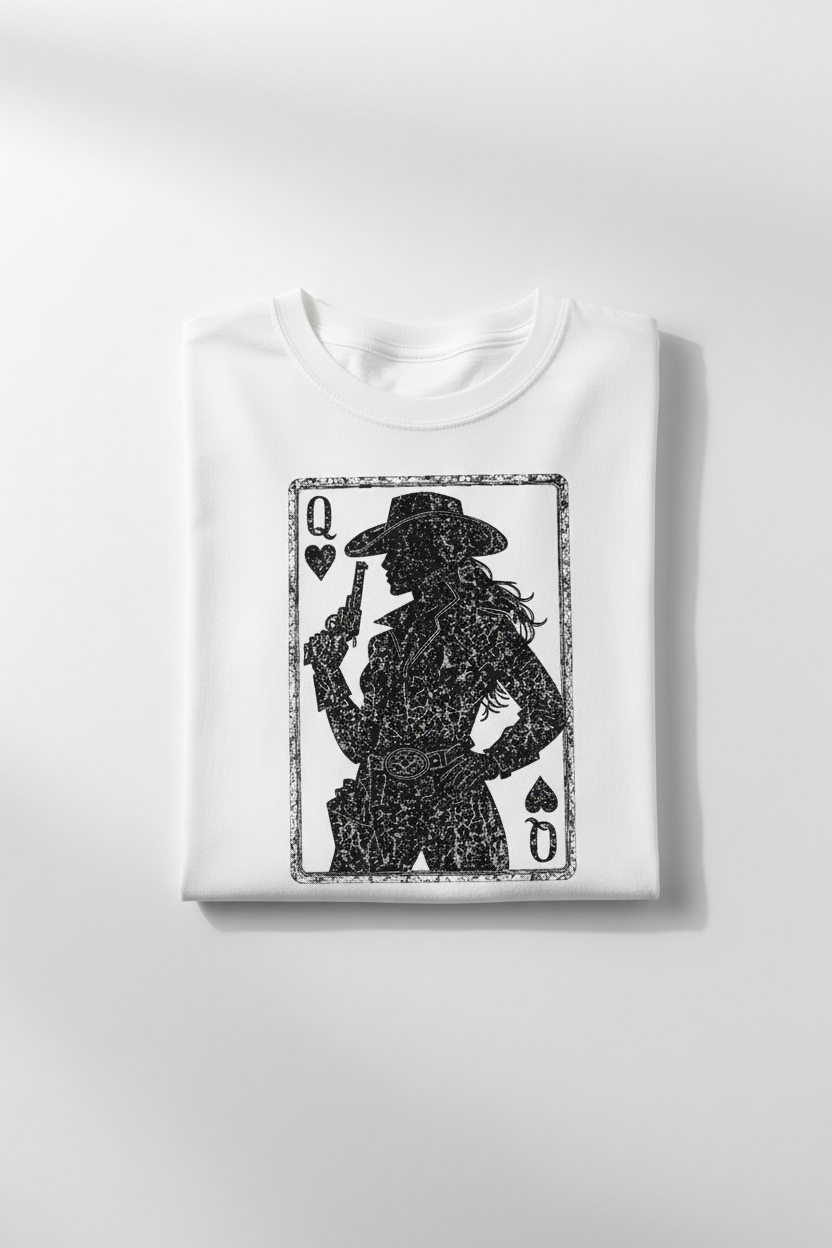 Queen Cowgirl tee folded white shirt flat lay