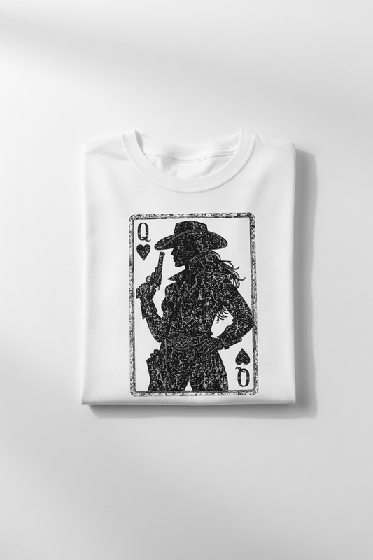 Queen Cowgirl tee folded white shirt flat lay