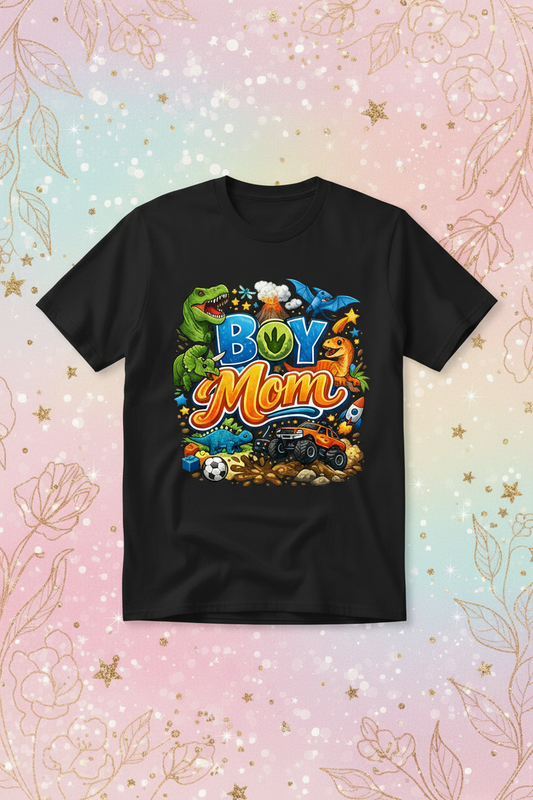 Boy Mom black t-shirt mockup on pastel rainbow and gold glitter background