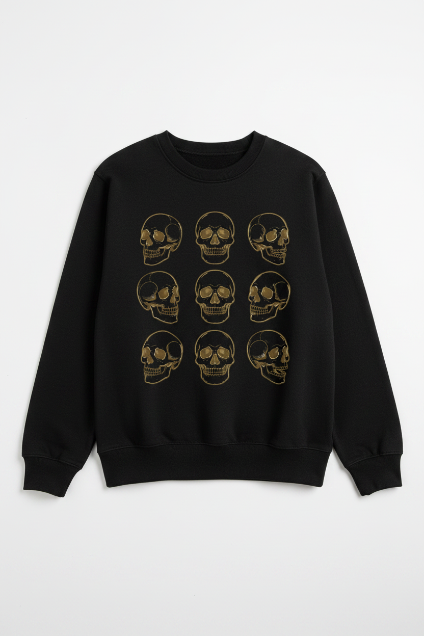Women's black Gold Skulls crewneck sweatshirt flat lay