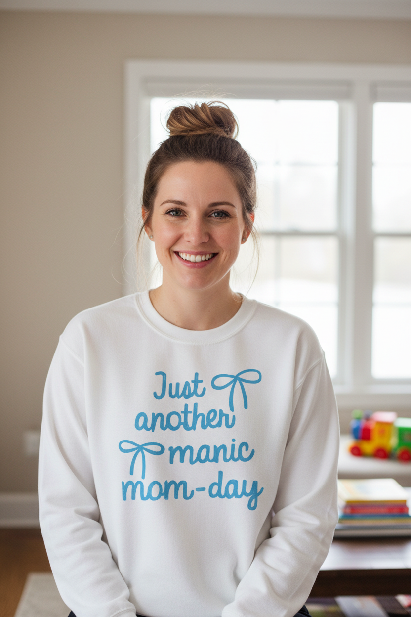 Woman wearing Just Another Manic Mom-Day sweatshirt lifestyle shot