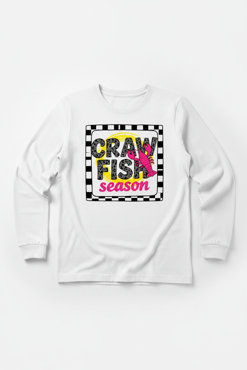 Women's white Crawfish Season long sleeve tee flat lay