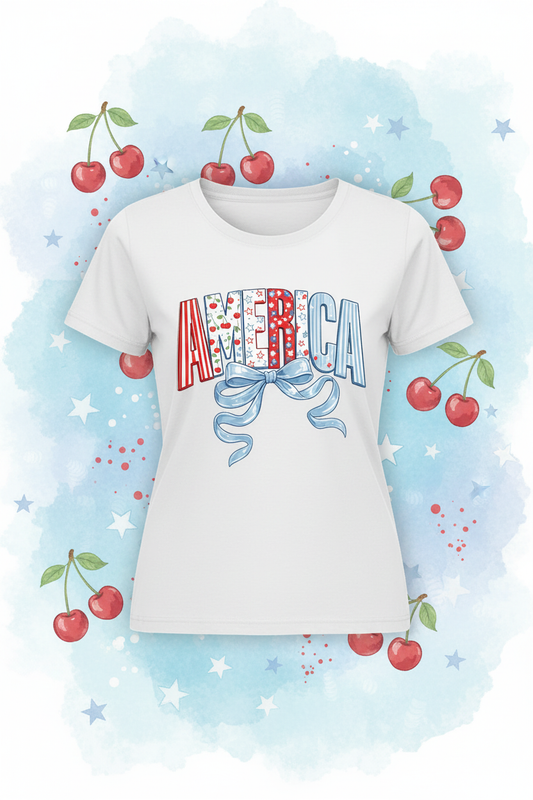 America bow white t-shirt mockup on soft patriotic watercolor background