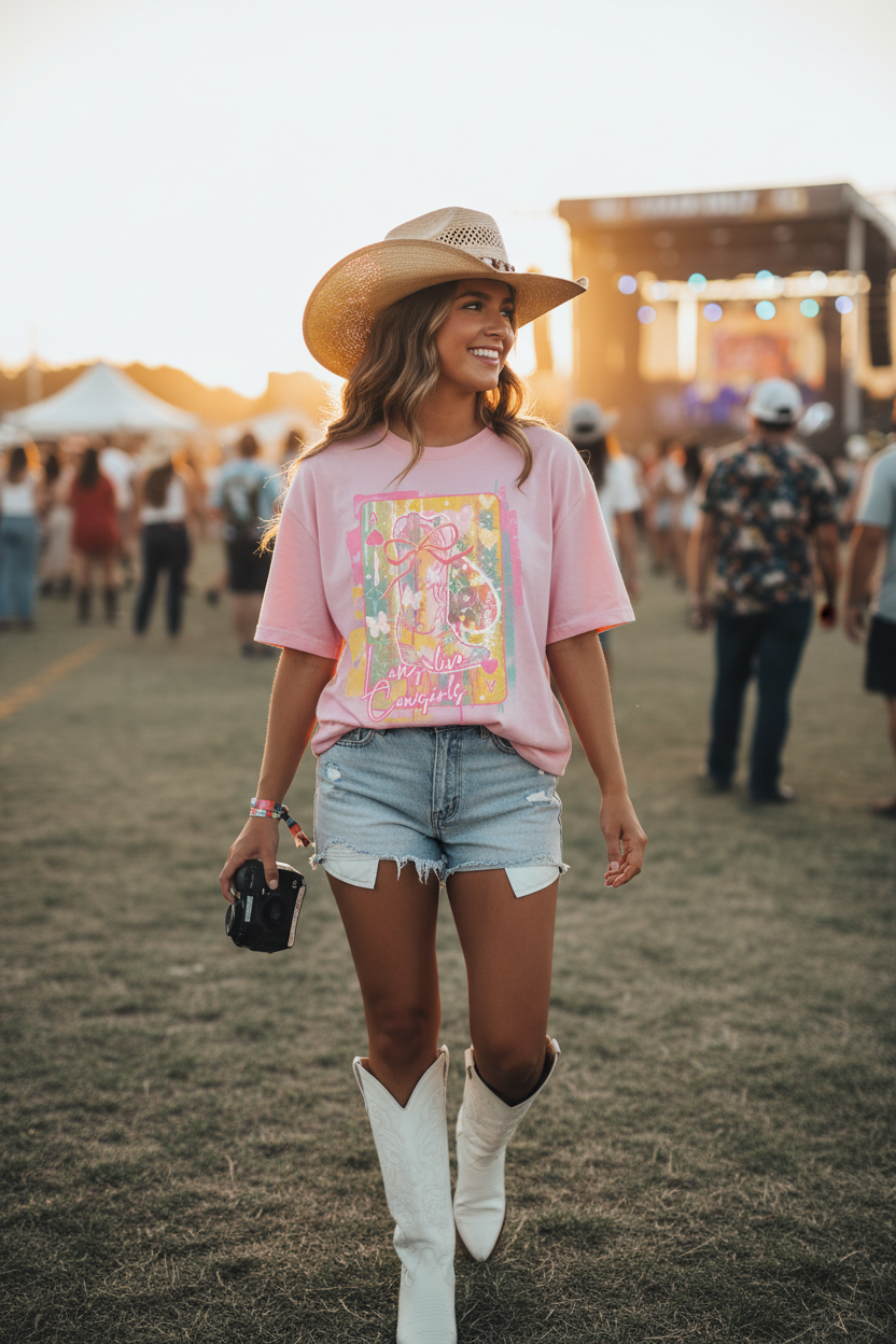 Long Live Cowgirls pink tee lifestyle - country music festival