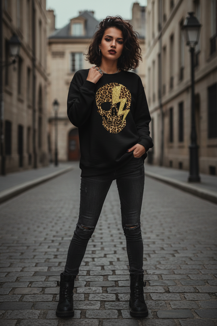 Leopard skull sweatshirt lifestyle - black