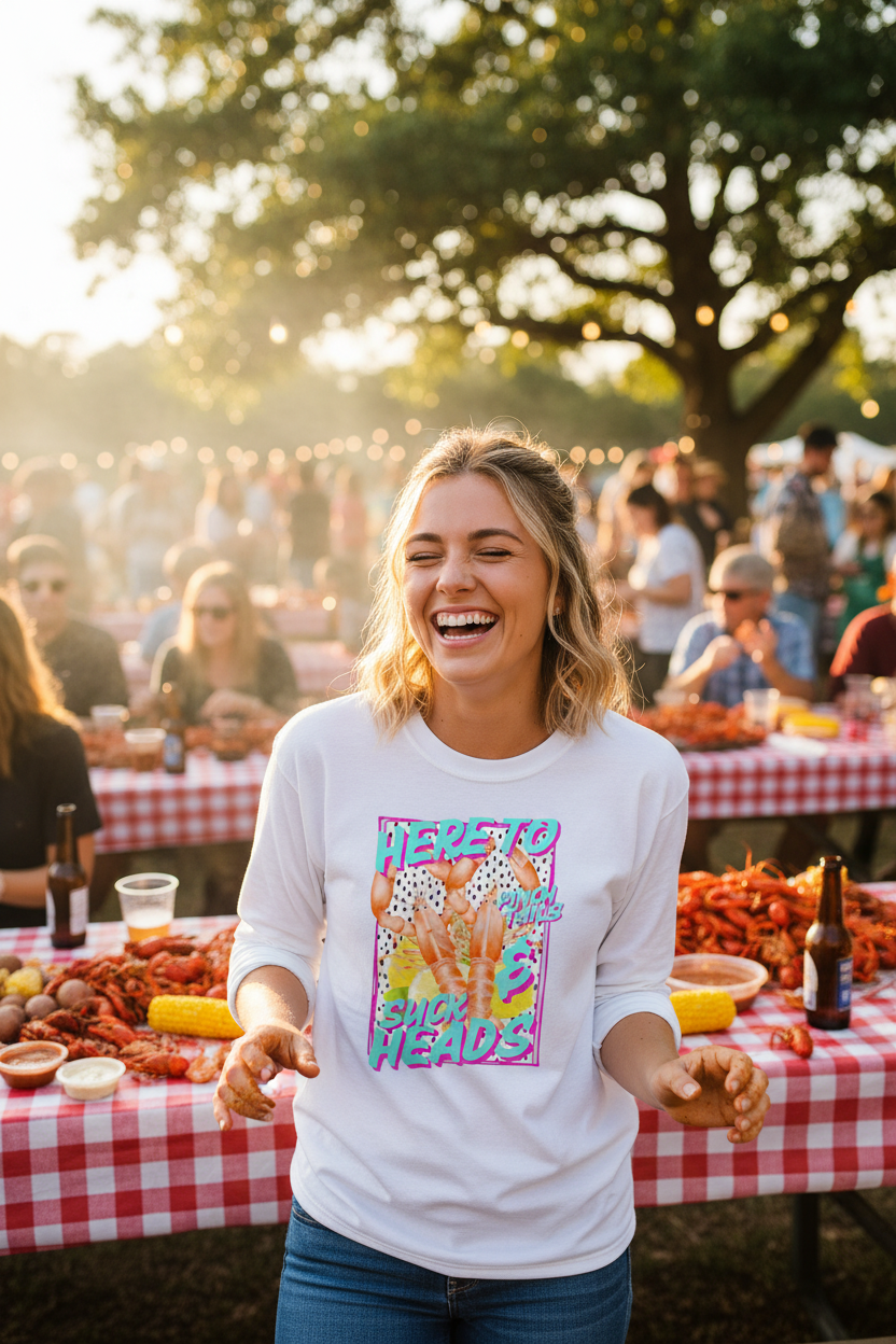 Woman wearing Here to Pinch Tails long sleeve tee at a crawfish boil