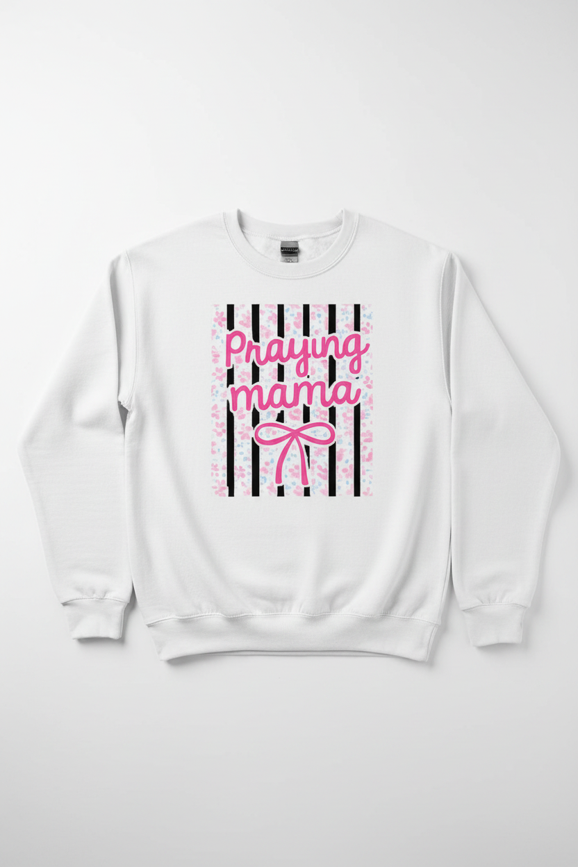 Women's white Praying Mama crewneck sweatshirt flat lay