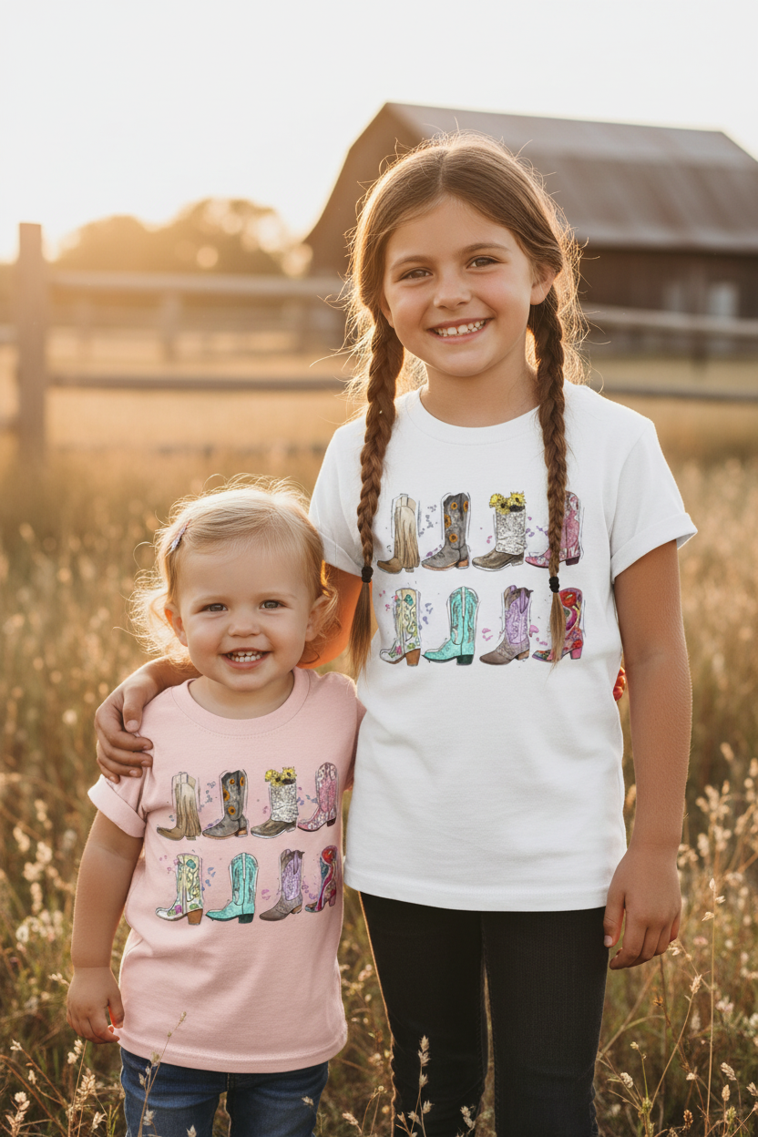 Youth and toddler girls wearing matching western cowboy boots tees