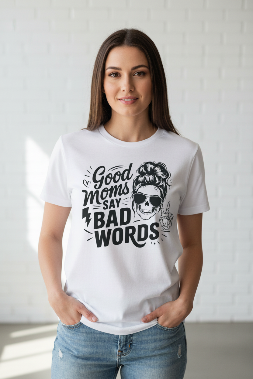 Good Moms Say Bad Words tee worn on white shirt