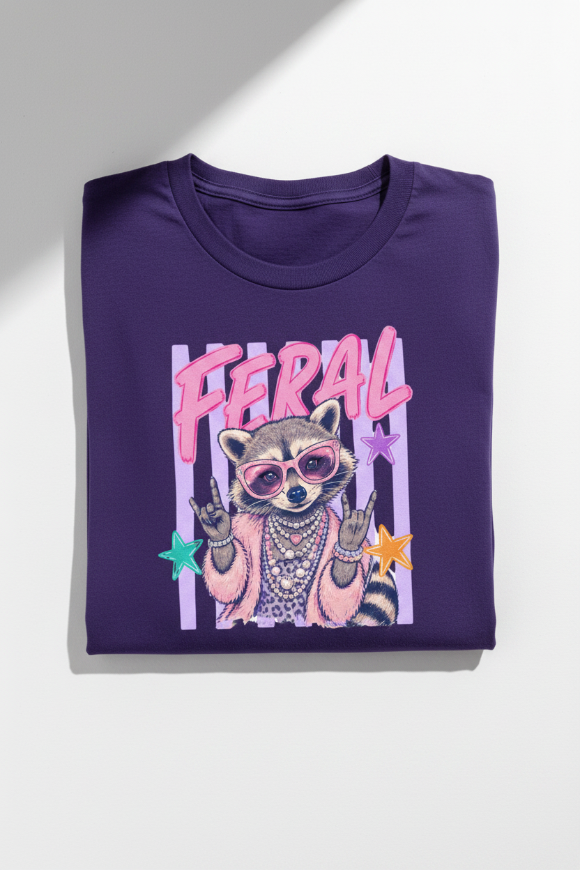 Feral tee folded purple shirt flat lay