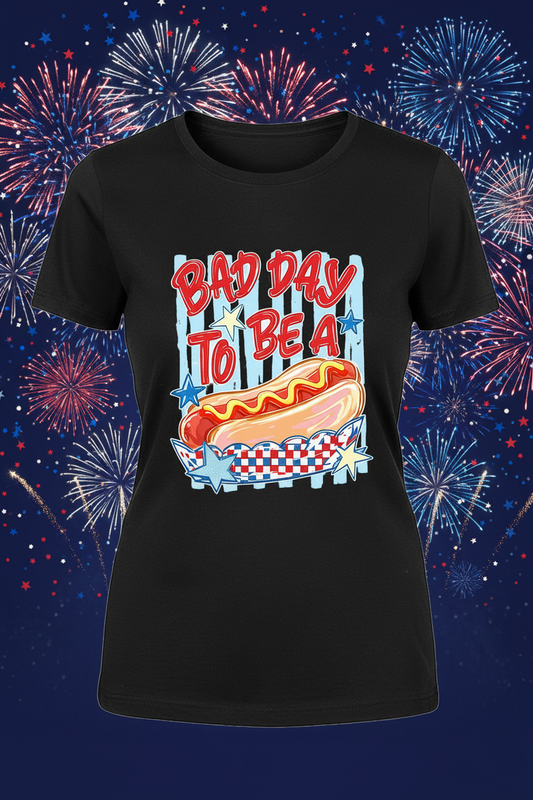 Bad Day to Be a Hot Dog black t-shirt mockup on 4th of July fireworks background