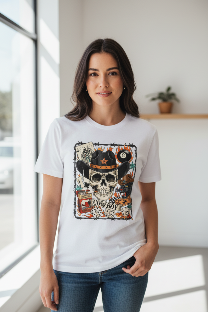Cowboy tee worn on white shirt