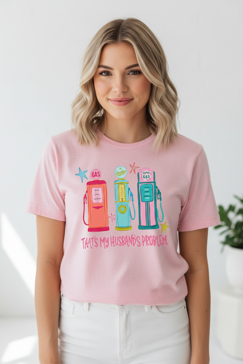 That's My Husband's Problem tee worn on pink shirt