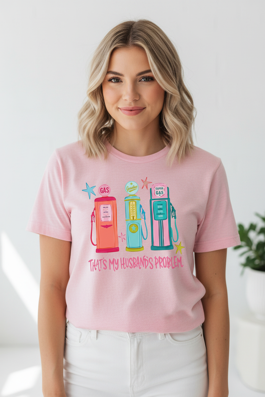 That's My Husband's Problem tee worn on pink shirt