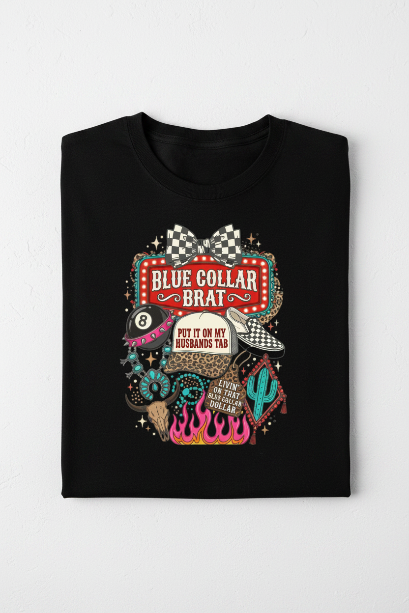 Blue Collar Brat tee folded black shirt flat lay