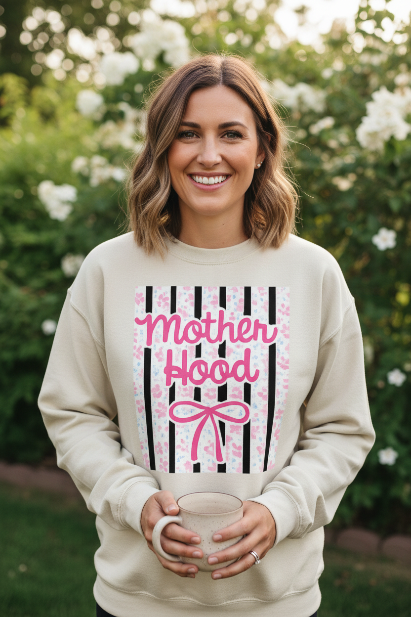 Woman wearing Mother Hood sweatshirt lifestyle shot