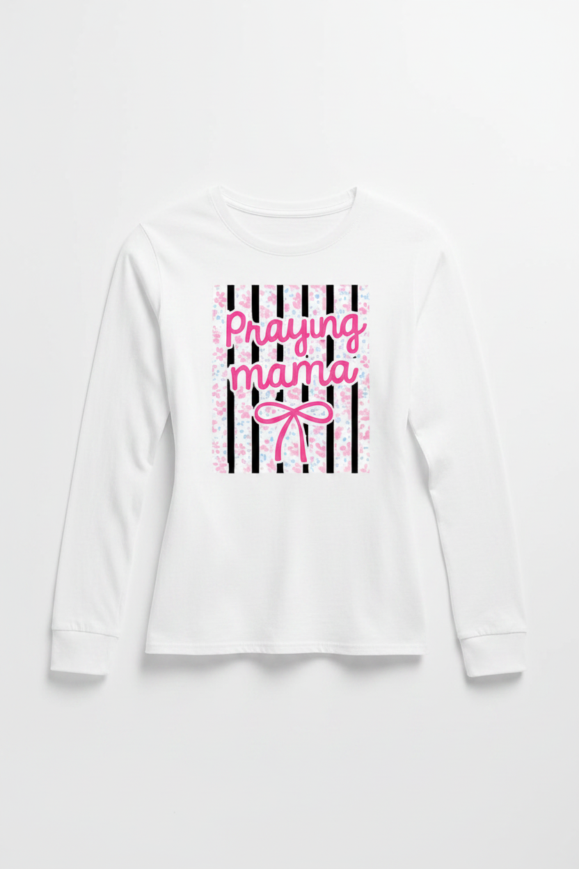 Women's white Praying Mama long sleeve tee flat lay