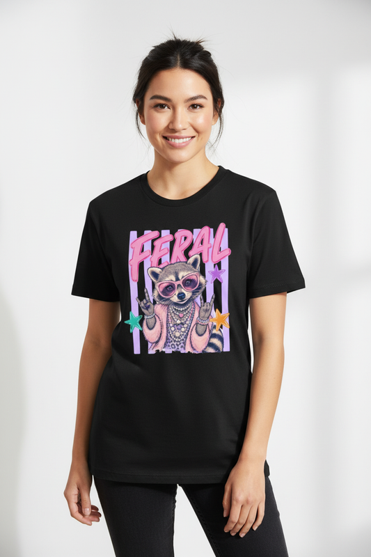 Feral tee worn on black shirt