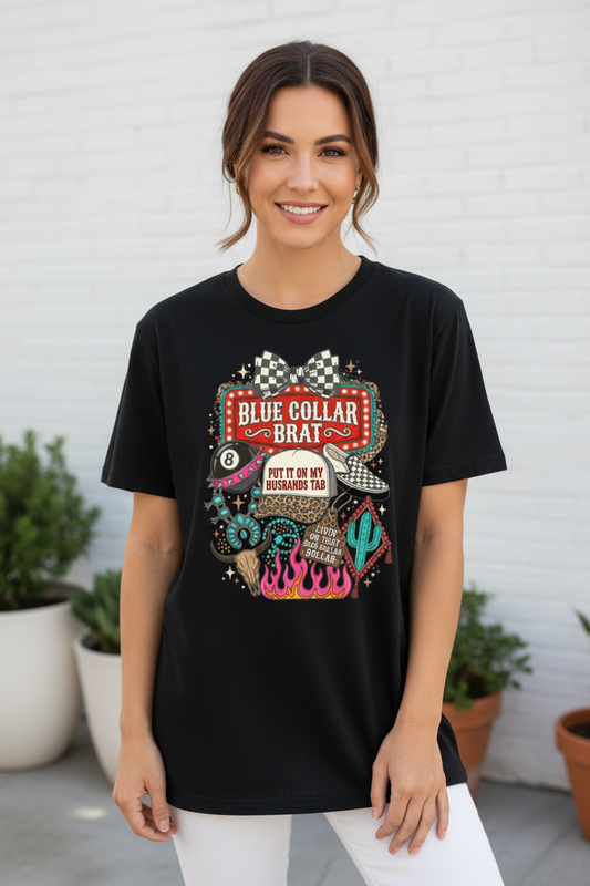 Blue Collar Brat tee worn on black shirt