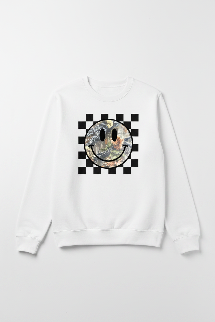 Women's white Checkered Camo Smiley crewneck sweatshirt flat lay