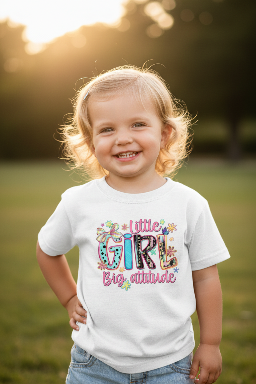 Toddler girl wearing Little Girl Big Attitude tee lifestyle shot